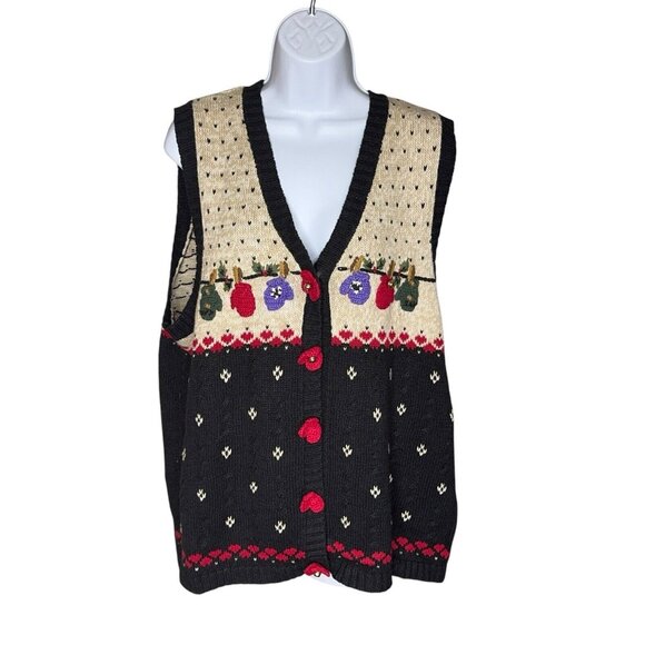 Quacker Factory Winter Themed Sweater Vest Holiday Mittens Holly Jingle Bells Lg - Picture 2 of 10